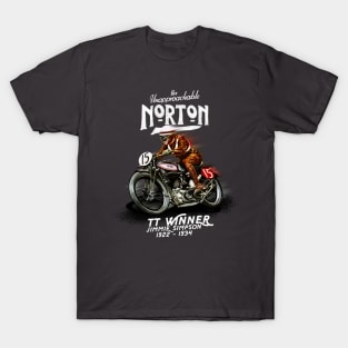 Vintage Norton Motorcycle Racer Jimmie Simpson TT winner MotorManiac T-Shirt